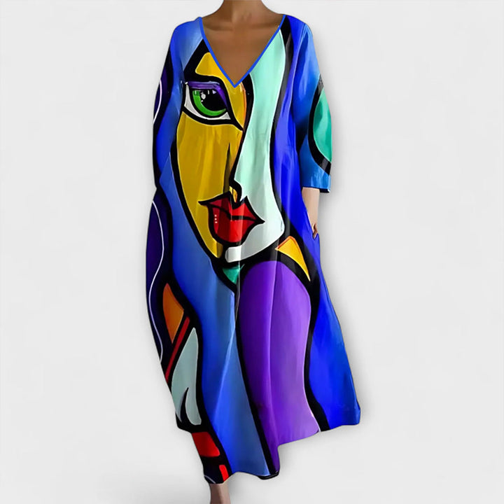 Fiona - Langes, farbenfrohes Kleid mit V-Ausschnitt