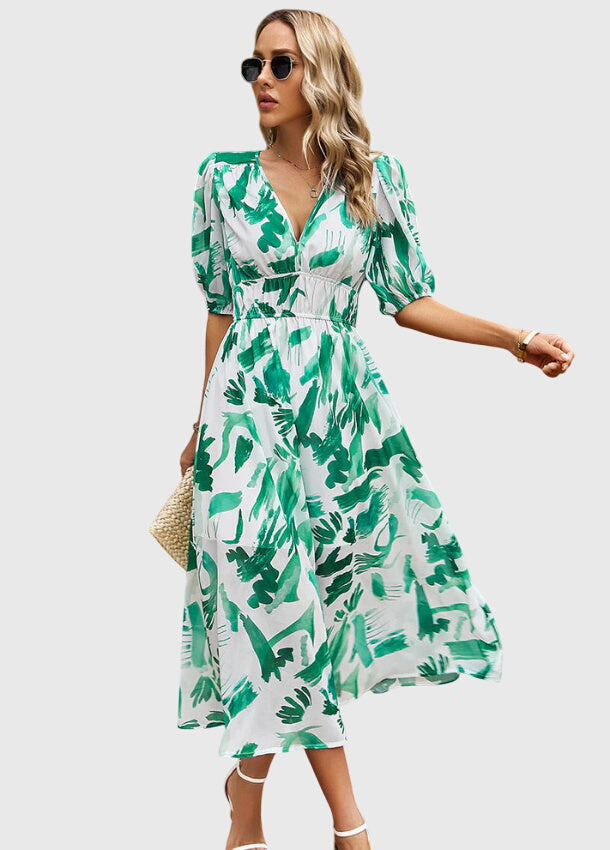 Merlin™ | Figurbetontes Blumendesign Midi-Kleid