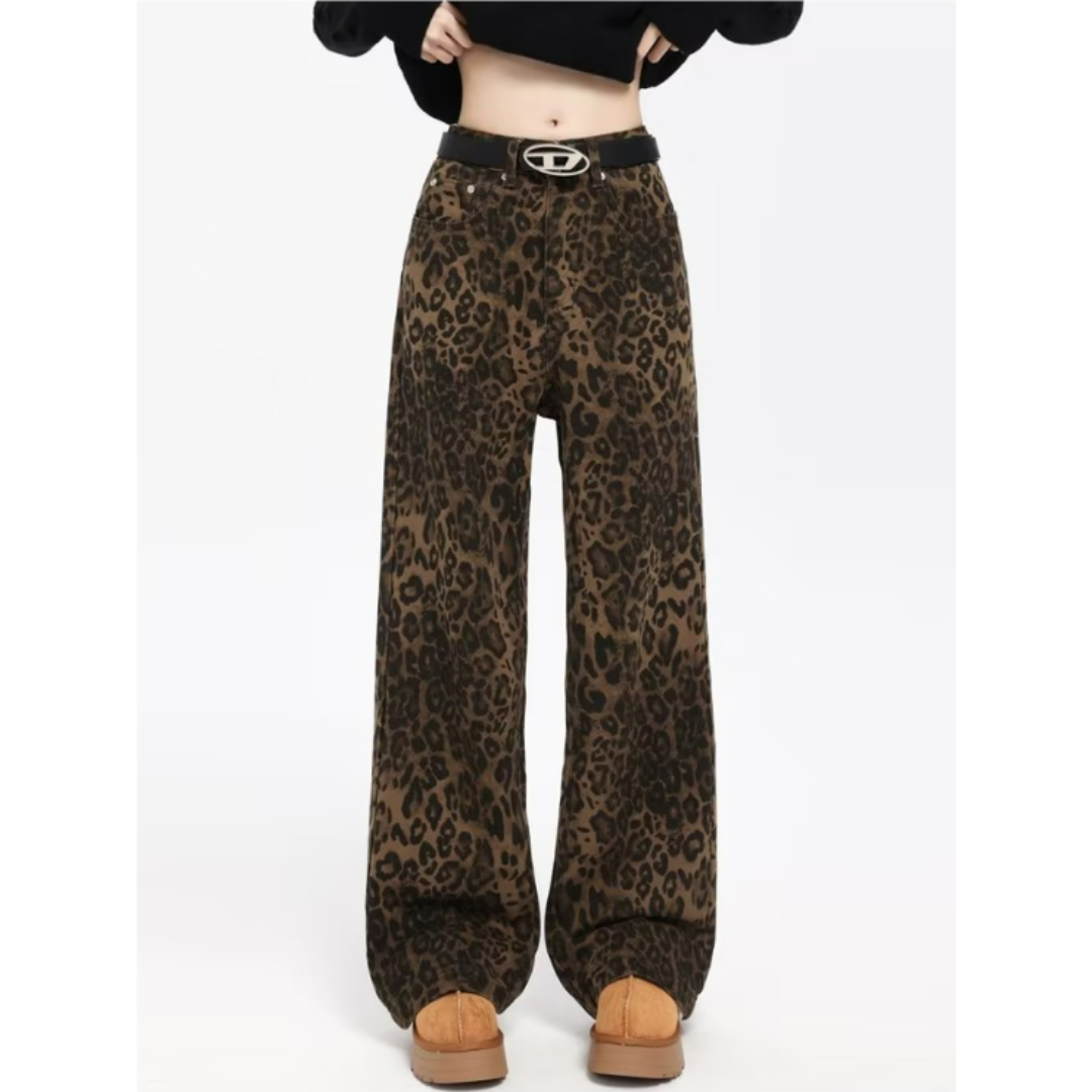 Effiemin | Damen Leopardenmuster Hose | Weites Bein
