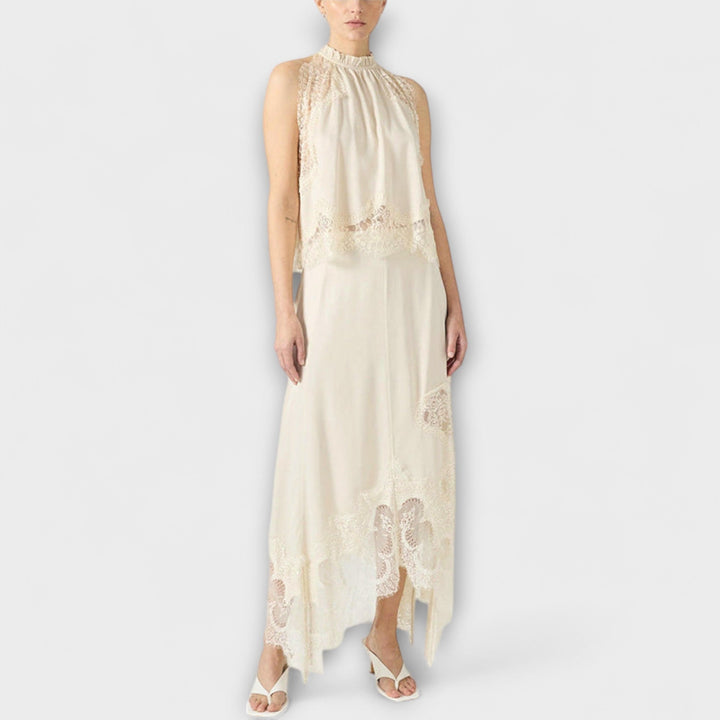Kaia - Satinbluse mit Spitzenbesatz und plissiertem Ausschnitt im Set