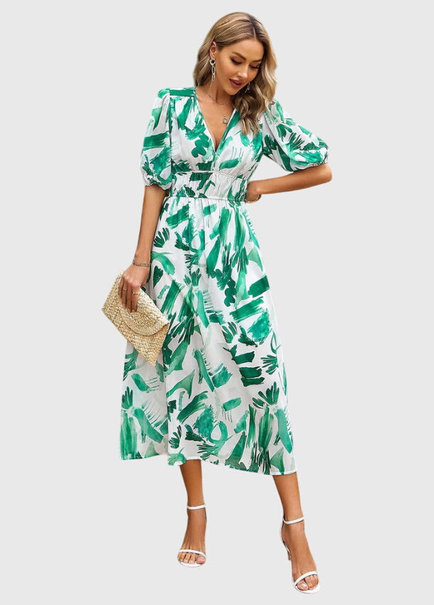 Merlin™ | Figurbetontes Blumendesign Midi-Kleid