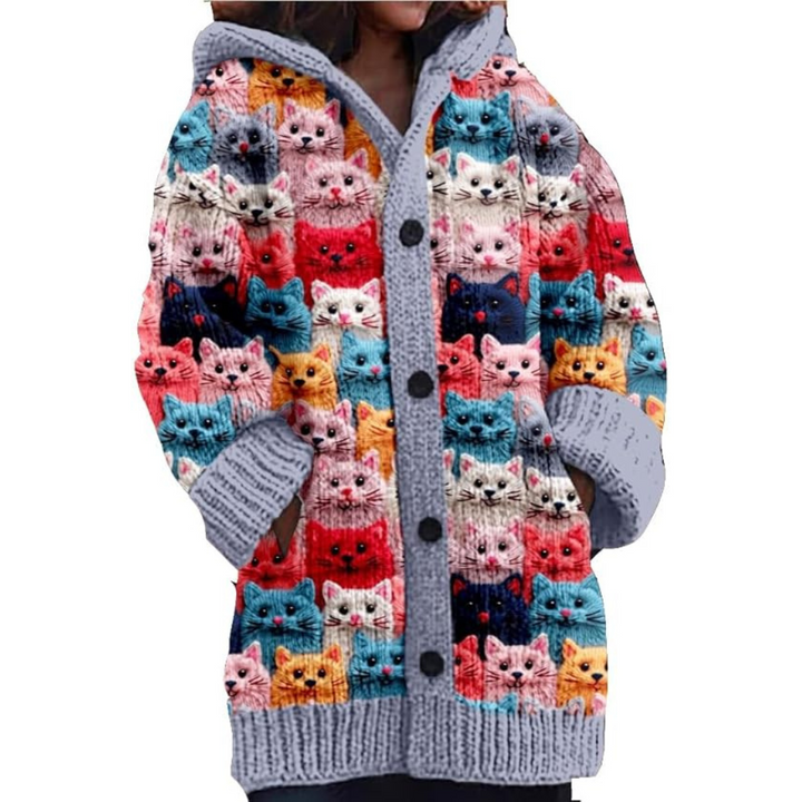 Damen Katze Kapuzen Strickjacke | Knopf Daunen