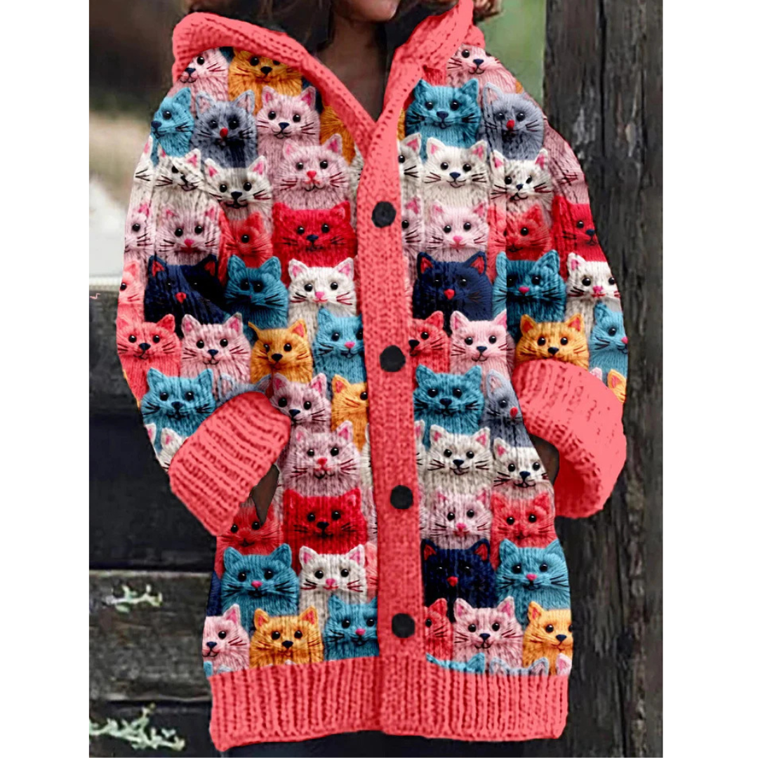 Damen Katze Kapuzen Strickjacke | Knopf Daunen