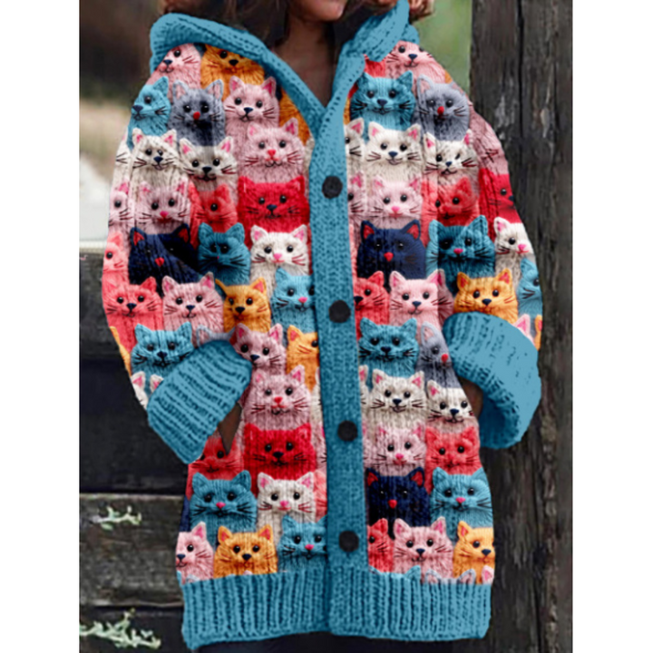 Damen Katze Kapuzen Strickjacke | Knopf Daunen