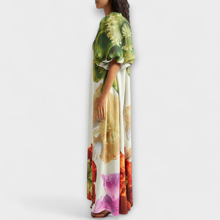 Skylar - Maxikleid mit Blumendruck, schrägem Kragen und Puffärmeln