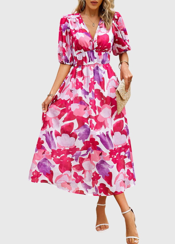 Merlin™ | Figurbetontes Blumendesign Midi-Kleid