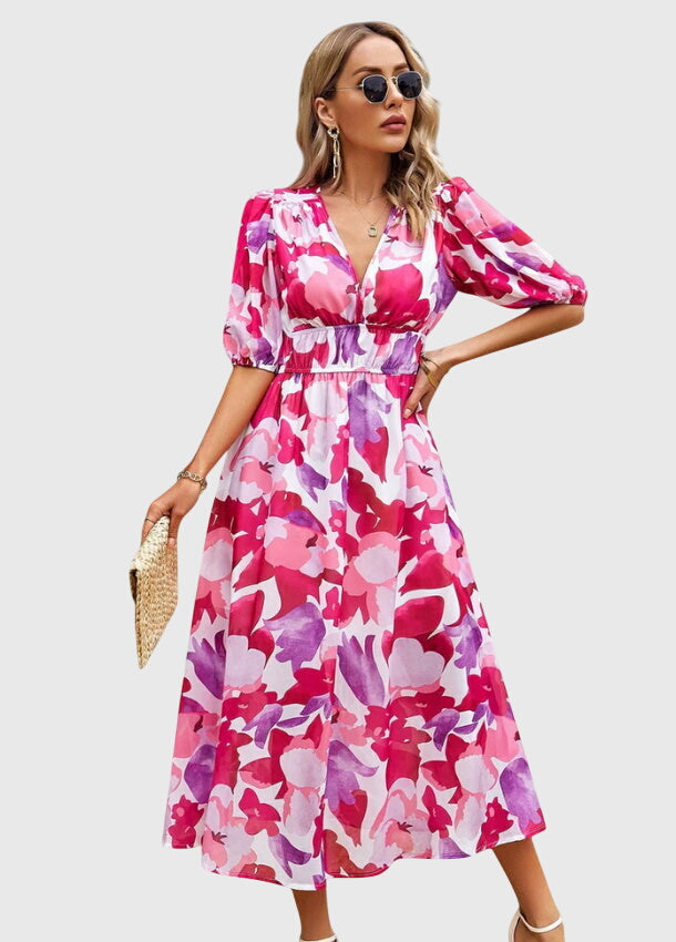 Merlin™ | Figurbetontes Blumendesign Midi-Kleid