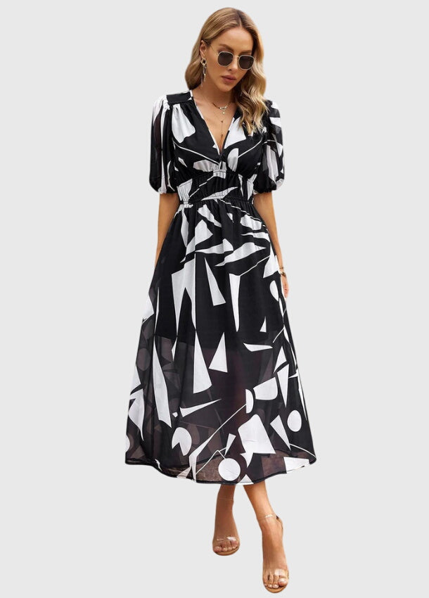 Merlin™ | Figurbetontes Blumendesign Midi-Kleid