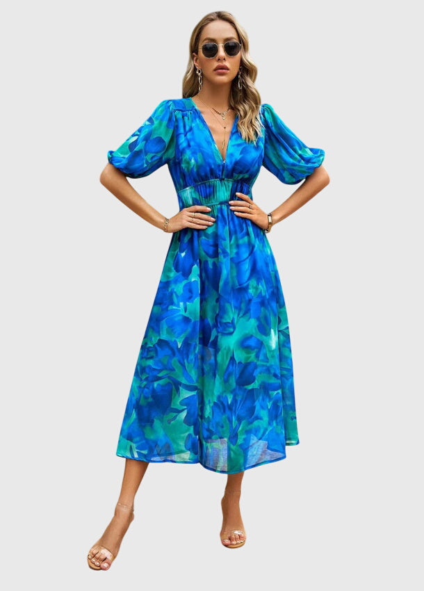 Merlin™ | Figurbetontes Blumendesign Midi-Kleid