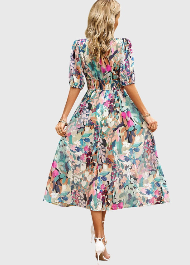 Merlin™ | Figurbetontes Blumendesign Midi-Kleid