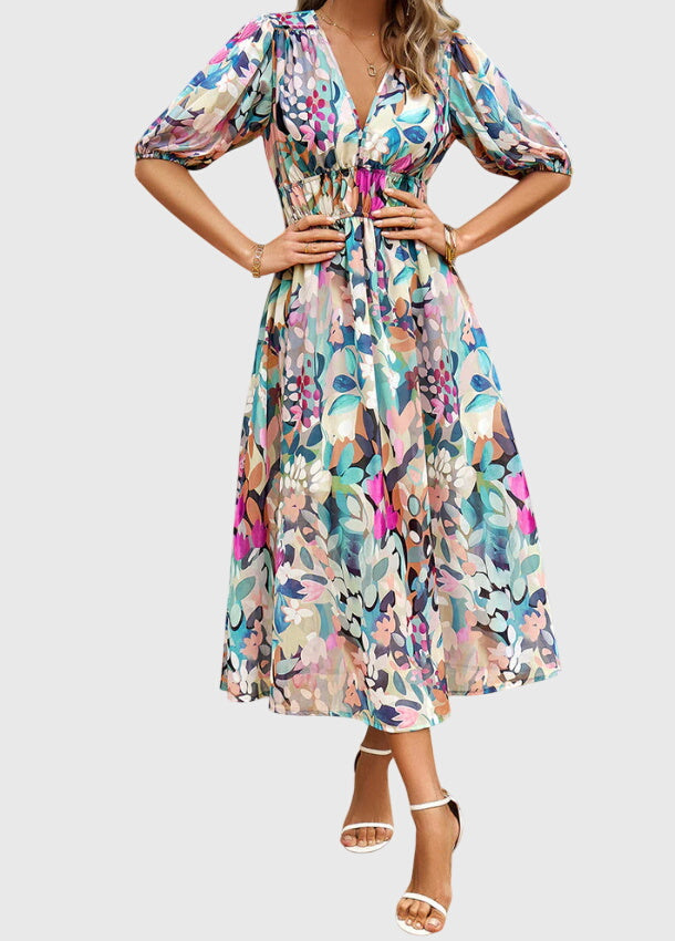 Merlin™ | Figurbetontes Blumendesign Midi-Kleid
