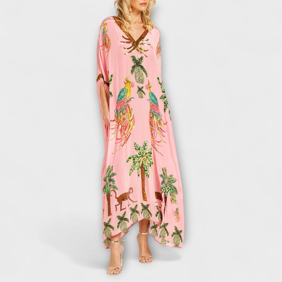 Linda - Auffälliges Kleid mit schrägen Schultern und Kokosbaum-Print