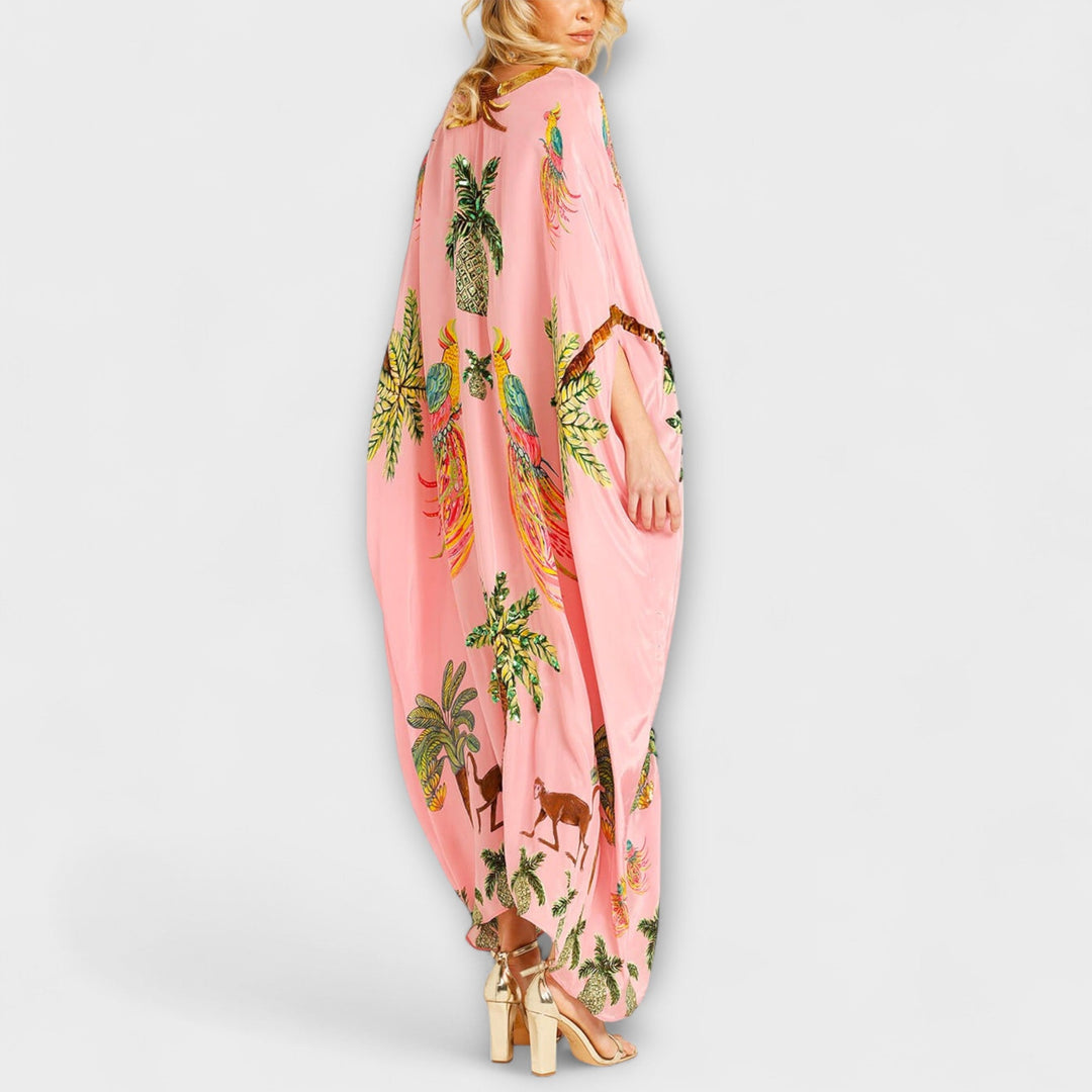 Linda - Auffälliges Kleid mit schrägen Schultern und Kokosbaum-Print